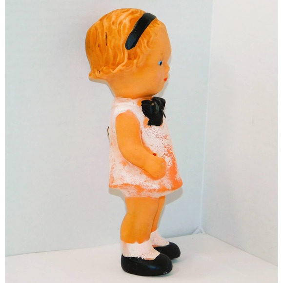 8" Vintage Rubber Girl with Pink Dress & Black Bow, Headband & Shoes - Picture 3 of 7